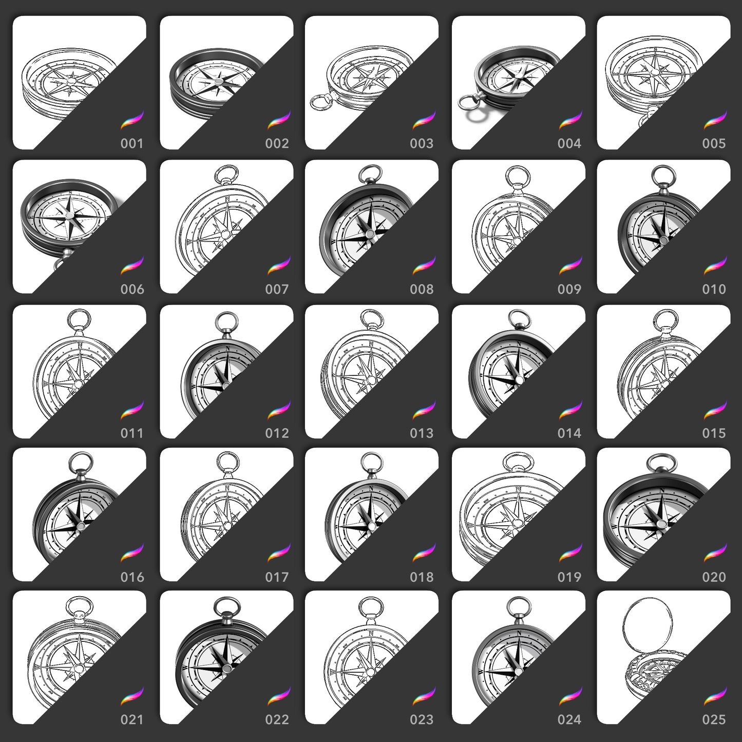 25 nautical compass Procreate stamp brushes in shaded and line art views