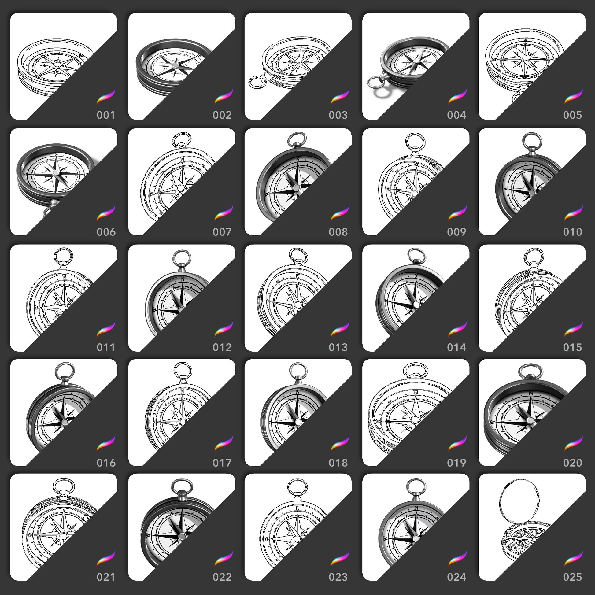 25 nautical compass Procreate stamp brushes in shaded and line art views