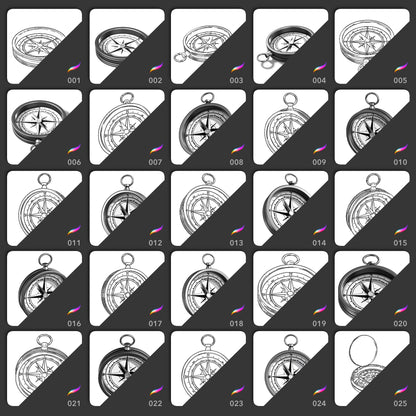 25 nautical compass Procreate stamp brushes in shaded and line art views