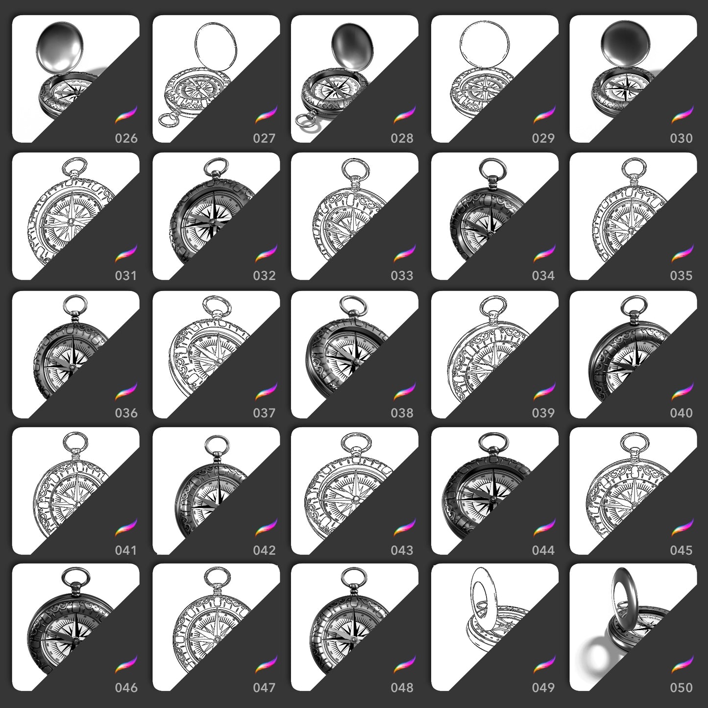 25 vintage compass Procreate stamp brushes in realistic and outline perspectives