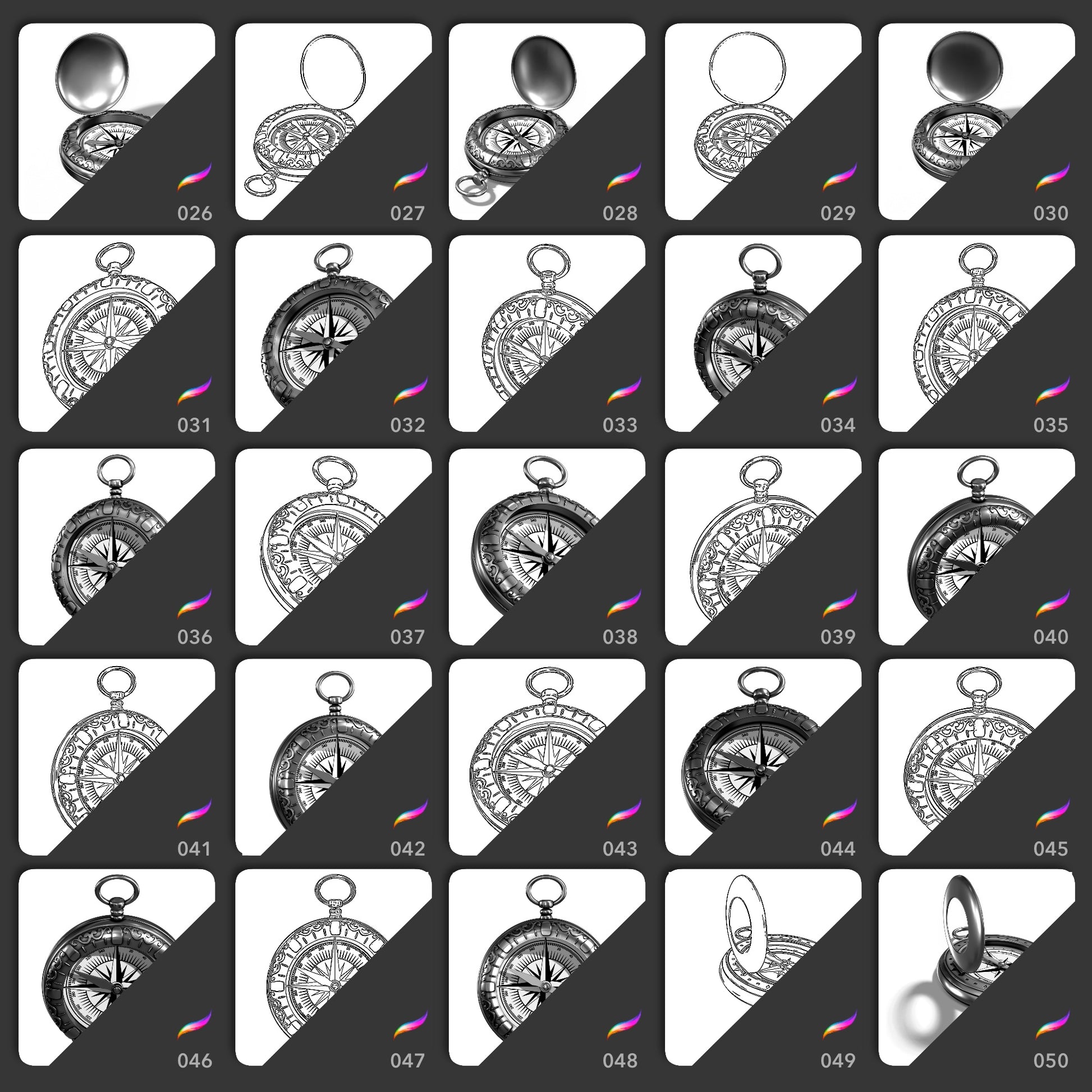 25 vintage compass Procreate stamp brushes in realistic and outline perspectives