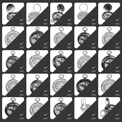 25 vintage compass Procreate stamp brushes in realistic and outline perspectives