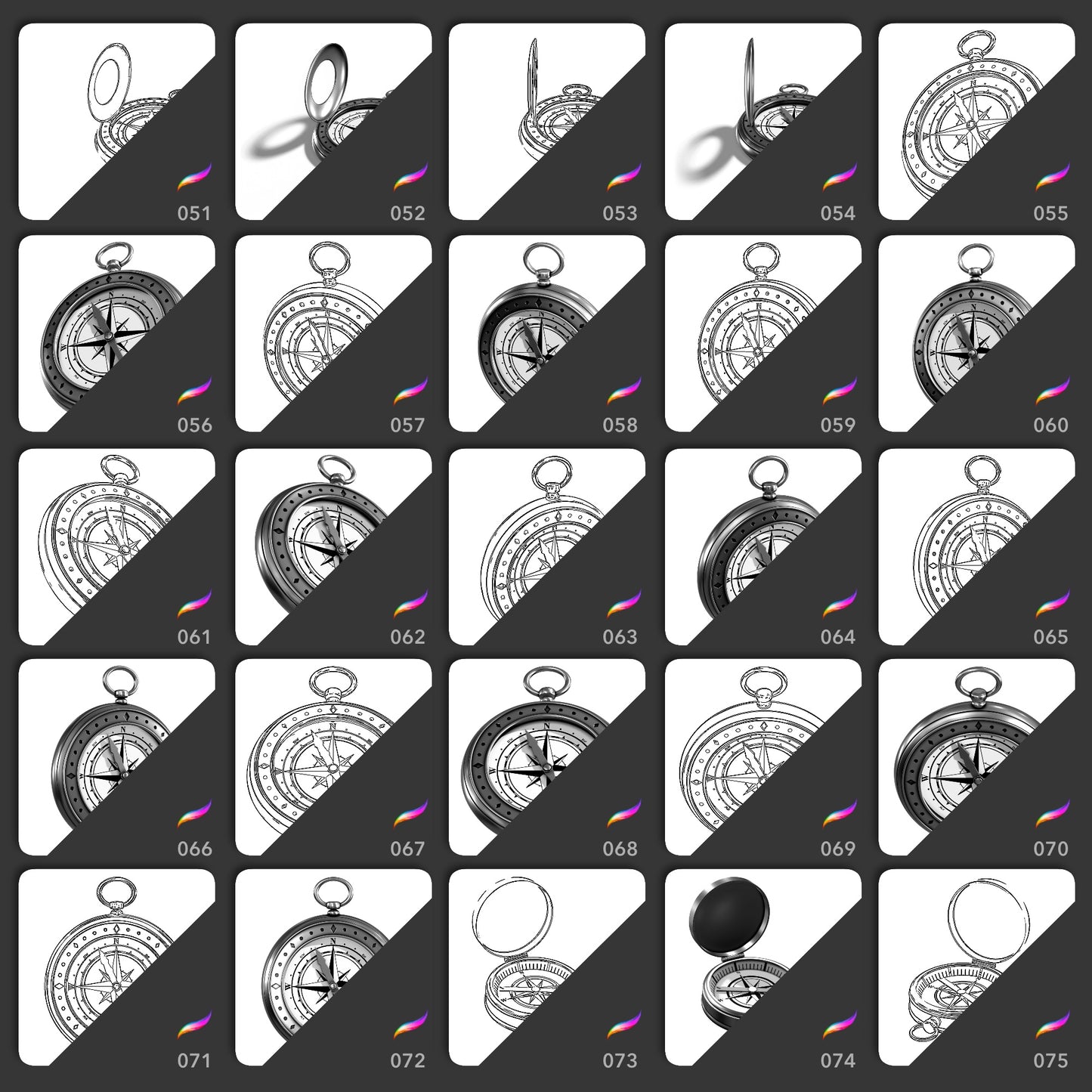 25 open compass Procreate stamp brushes in side front and angled views