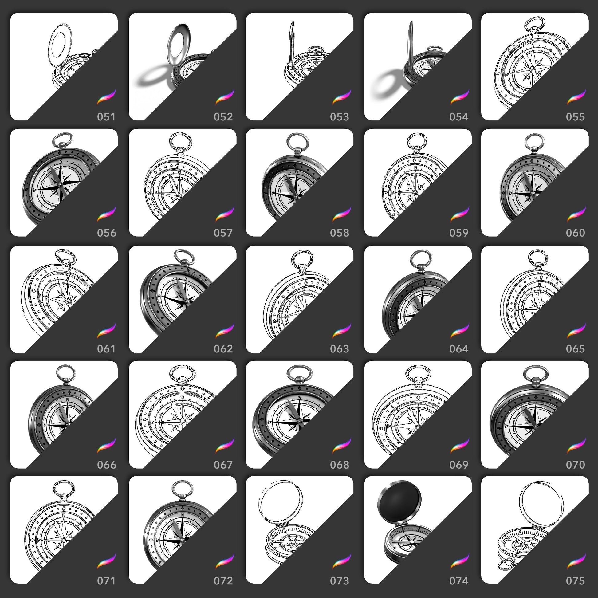 25 open compass Procreate stamp brushes in side front and angled views