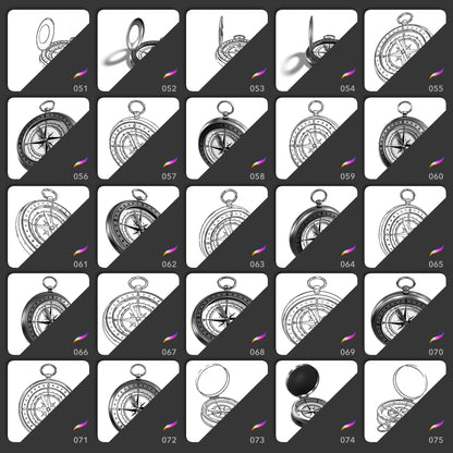 25 open compass Procreate stamp brushes in side front and angled views