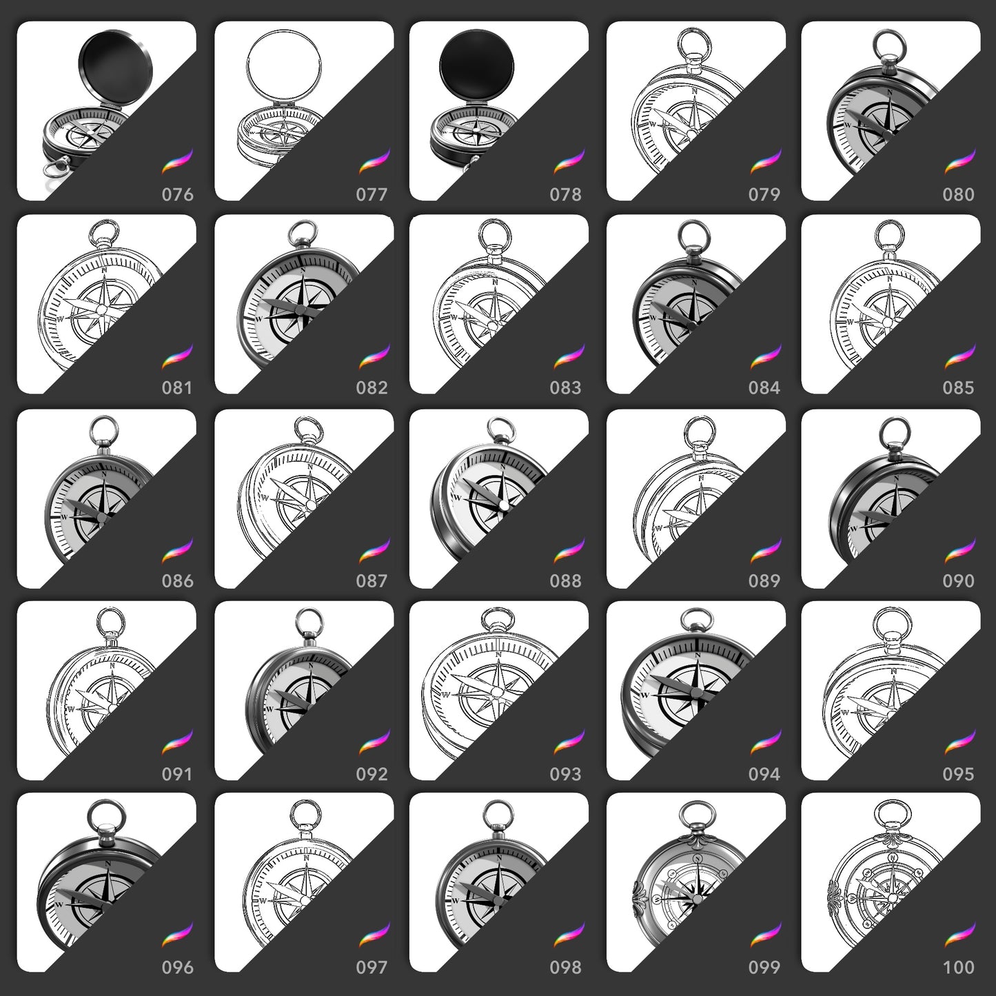 25 compass Procreate stamp brushes in realistic and line art styles from varied angles