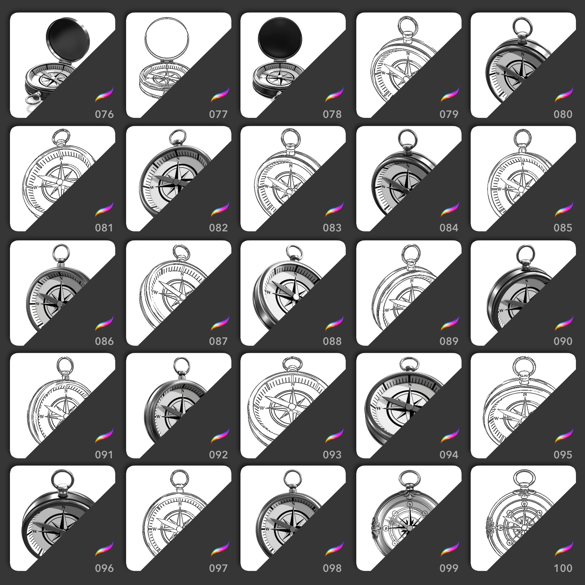25 compass Procreate stamp brushes in realistic and line art styles from varied angles