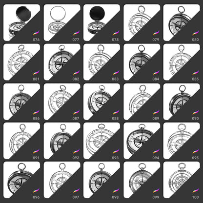 25 compass Procreate stamp brushes in realistic and line art styles from varied angles