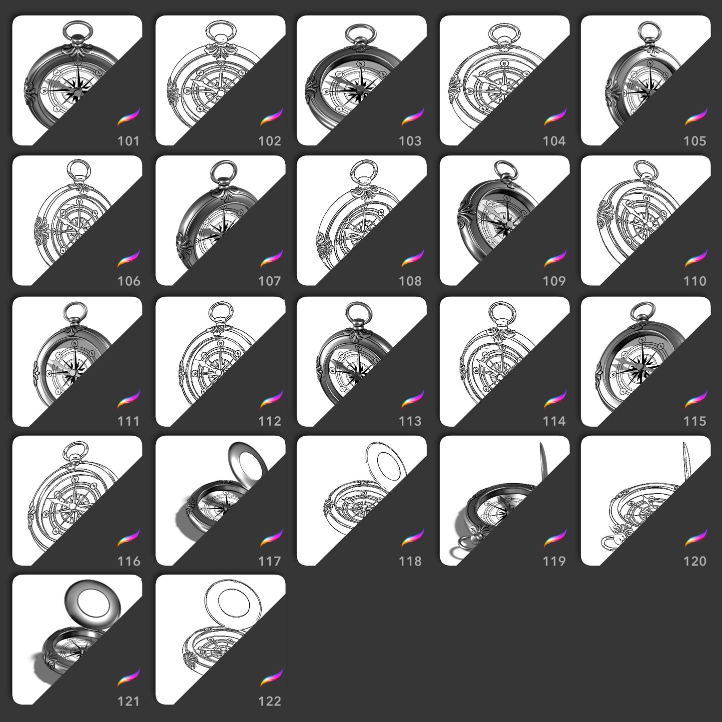 22 compass Procreate stamp brushes with open and closed angled designs