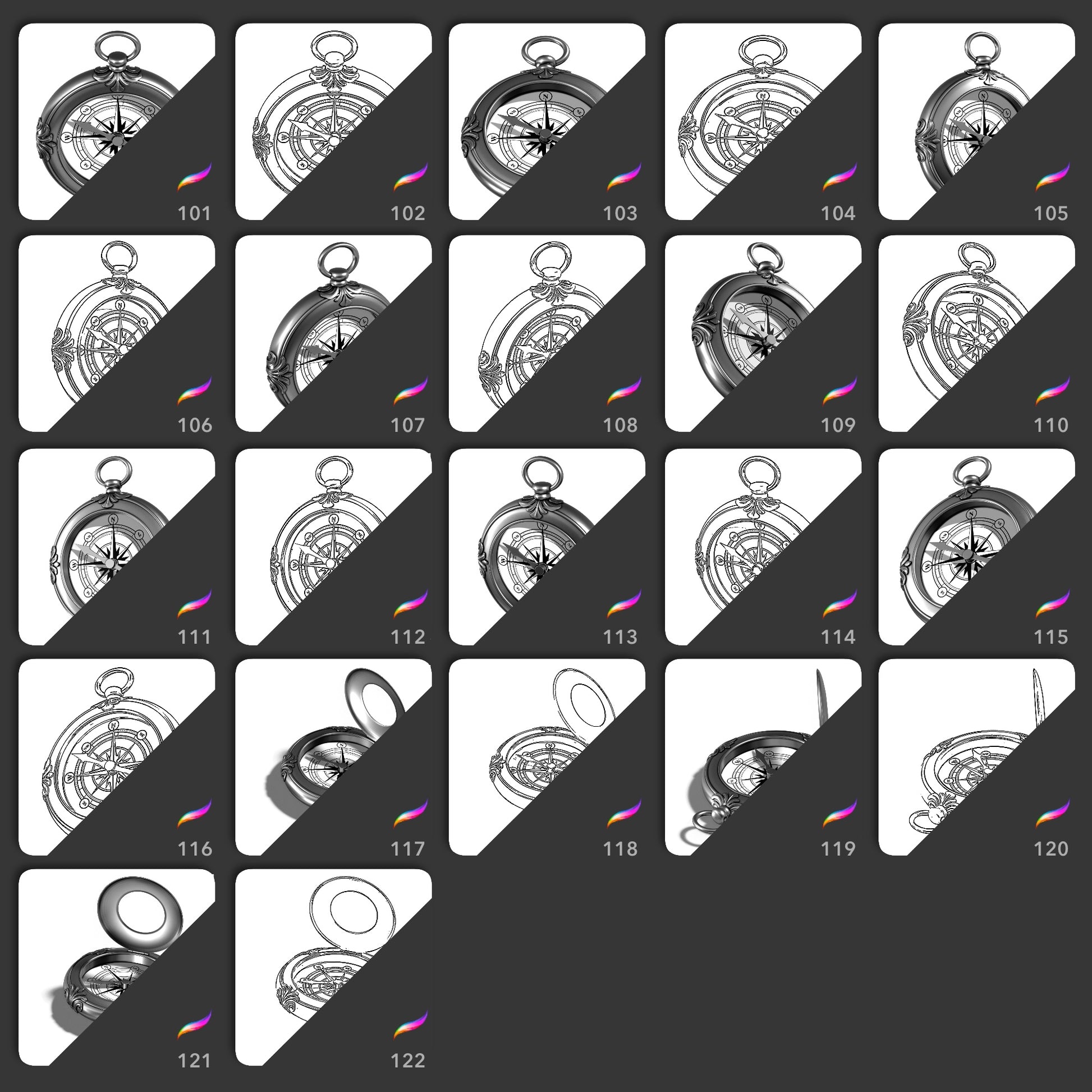 22 compass Procreate stamp brushes with open and closed angled designs