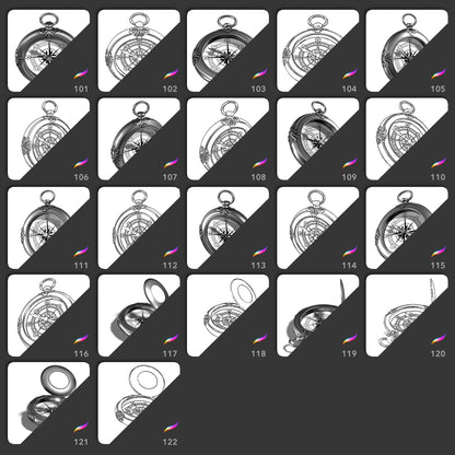 22 compass Procreate stamp brushes with open and closed angled designs