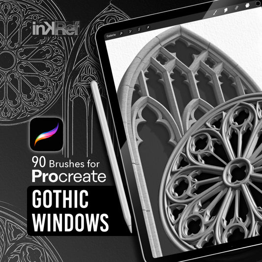 Gothic Windows Procreate stamp brush set with 90 architectural tattoo brushes