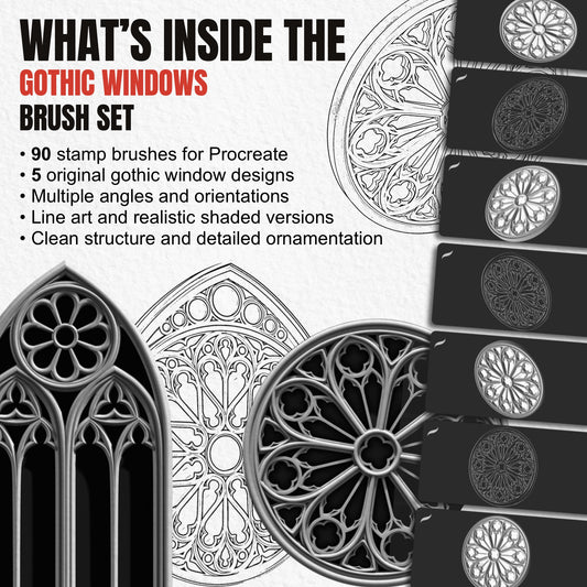 Overview of 90 Gothic Windows Procreate brushes with five designs in shaded and line art styles