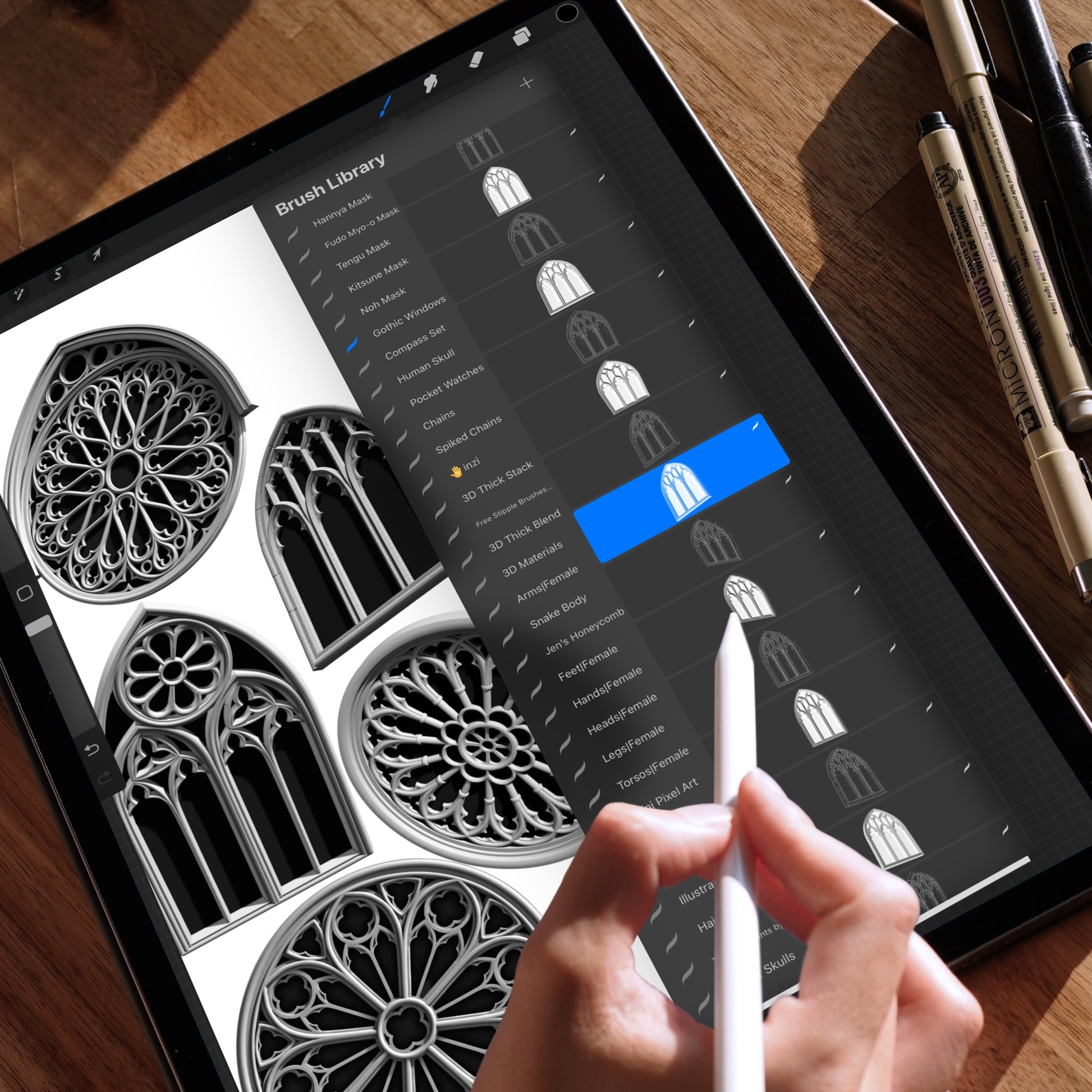 Gothic Windows Procreate brushes – detailed gothic architectural windows in multiple orientations for flash sheets, tattoo designs, and digital art.