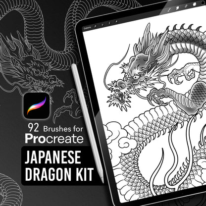 Japanese Dragon Kit for Procreate — 92 stamp brushes featuring dragon heads, claws, flames, clouds, and dynamic body shapes for traditional tattoo and illustration work.