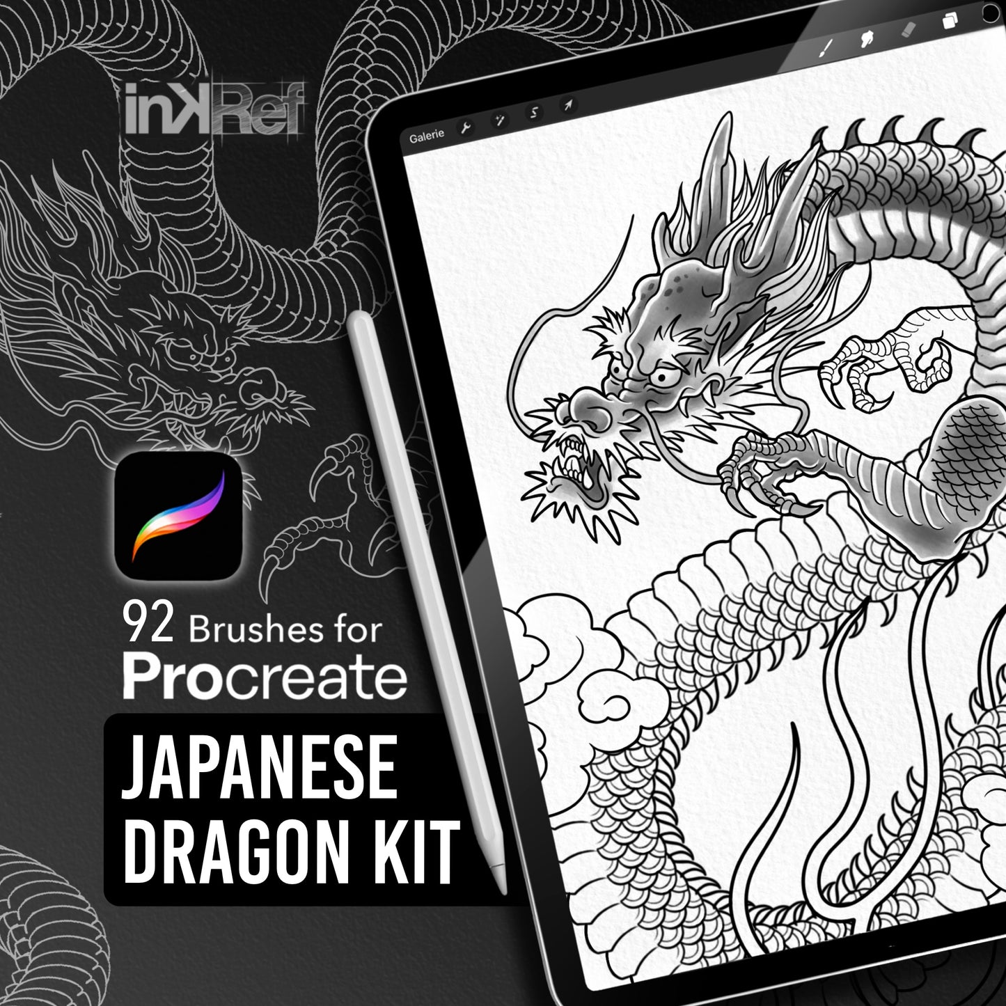 Japanese Dragon Kit with 92 Procreate brushes for Japanese tattoo design