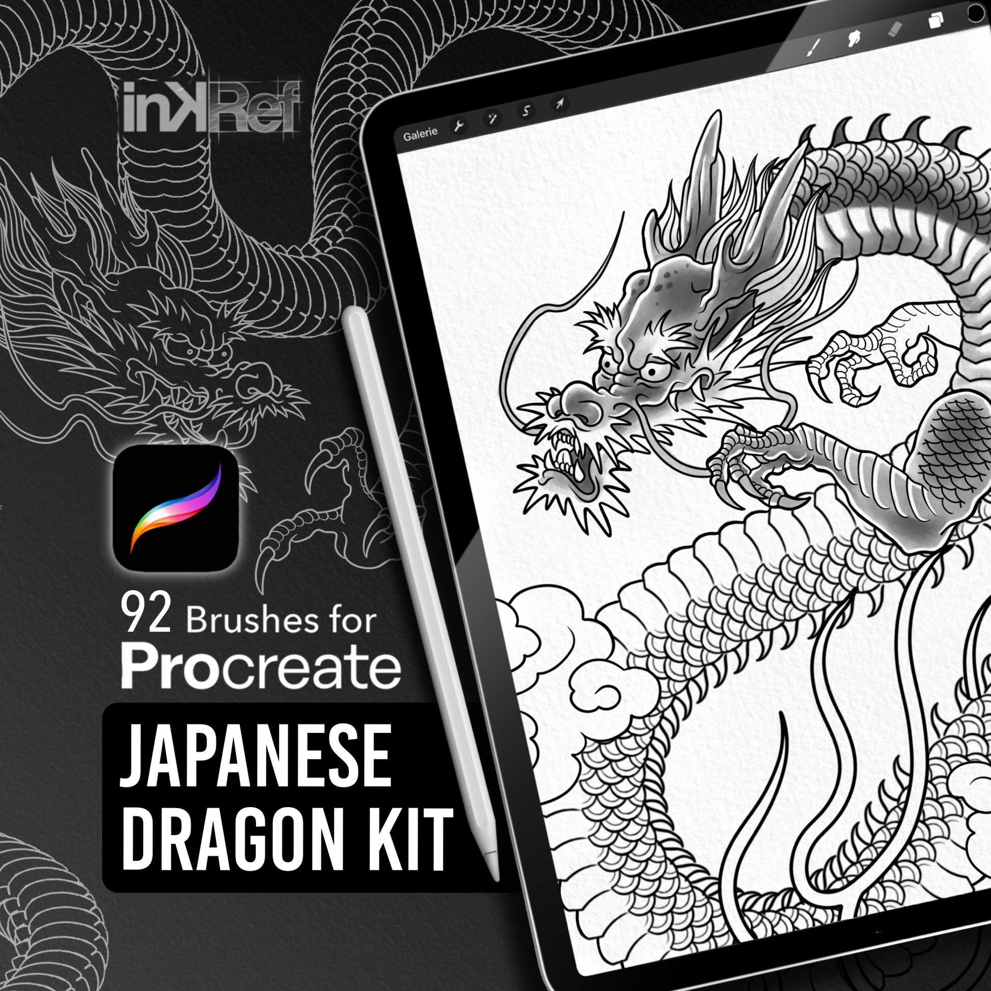 Japanese Dragon Kit with 92 Procreate brushes for Japanese tattoo design
