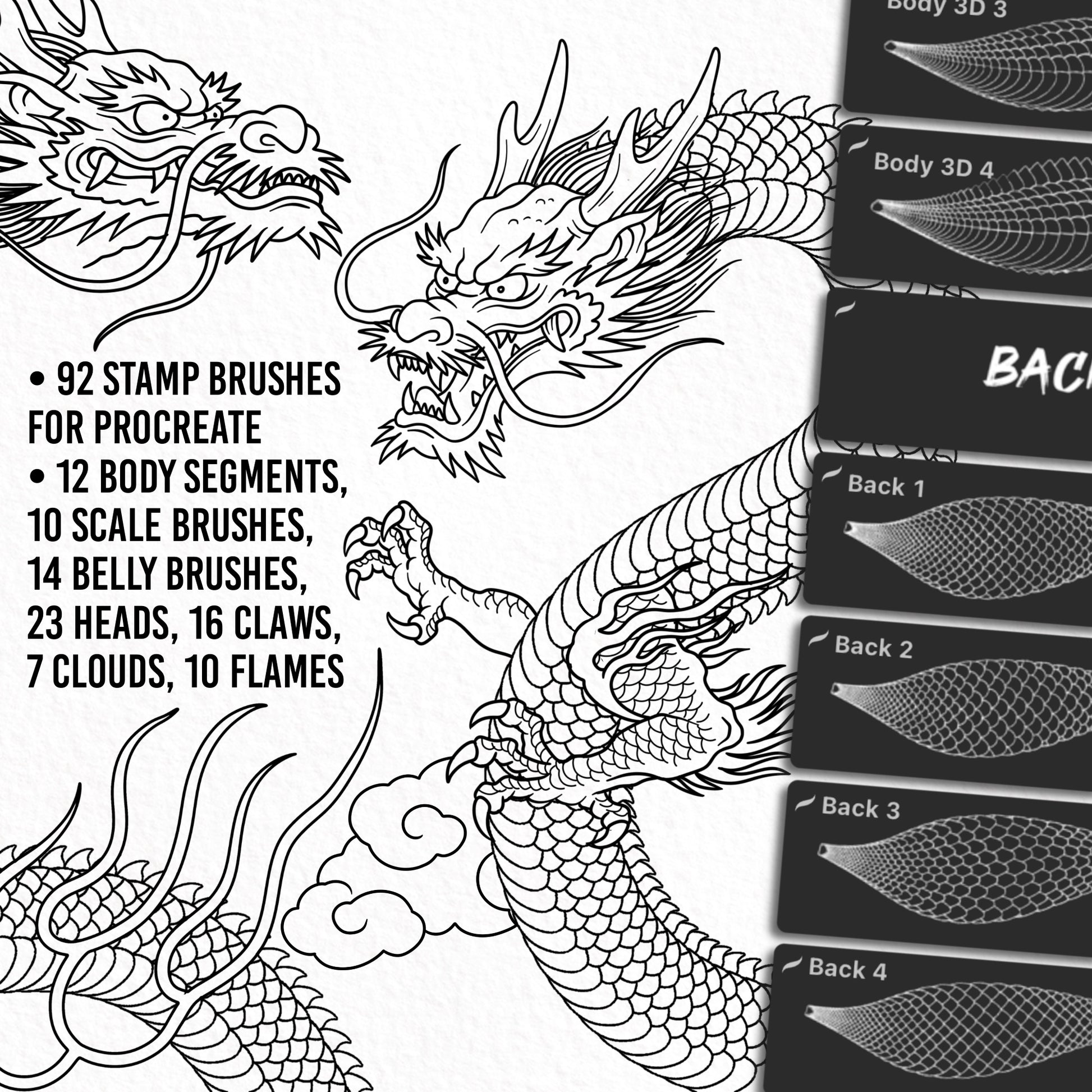 Overview of Japanese Dragon Brush Set for Procreate, includes 92 stamp brushes: body segments, scales, heads, claws, clouds and flames, perfect for digital tattoo designs