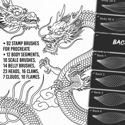 Overview of Japanese Dragon Brush Set for Procreate, includes 92 stamp brushes: body segments, scales, heads, claws, clouds and flames, perfect for digital tattoo designs