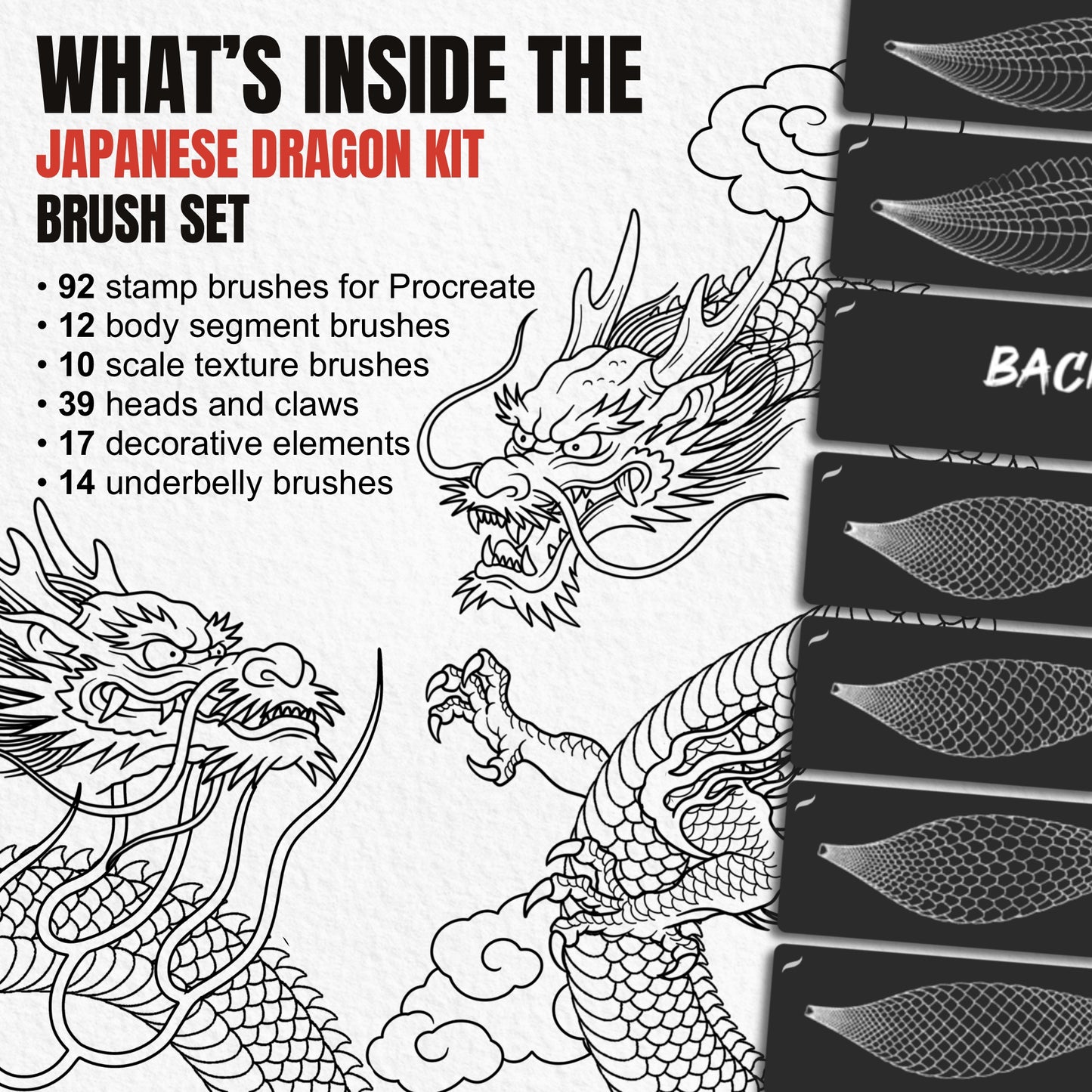 Overview of 92 Japanese Dragon Kit Procreate brushes with heads claws scales clouds flames and body parts