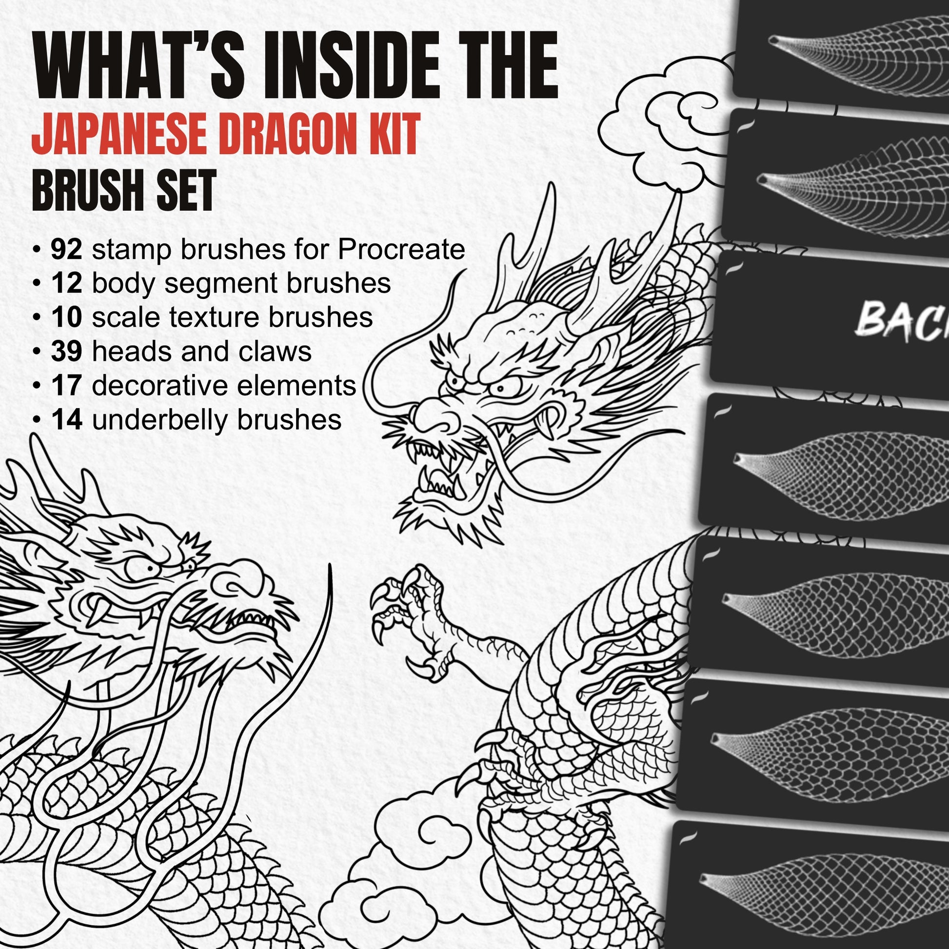 Overview of 92 Japanese Dragon Kit Procreate brushes with heads claws scales clouds flames and body parts