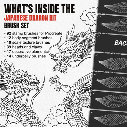 Overview of 92 Japanese Dragon Kit Procreate brushes with heads claws scales clouds flames and body parts