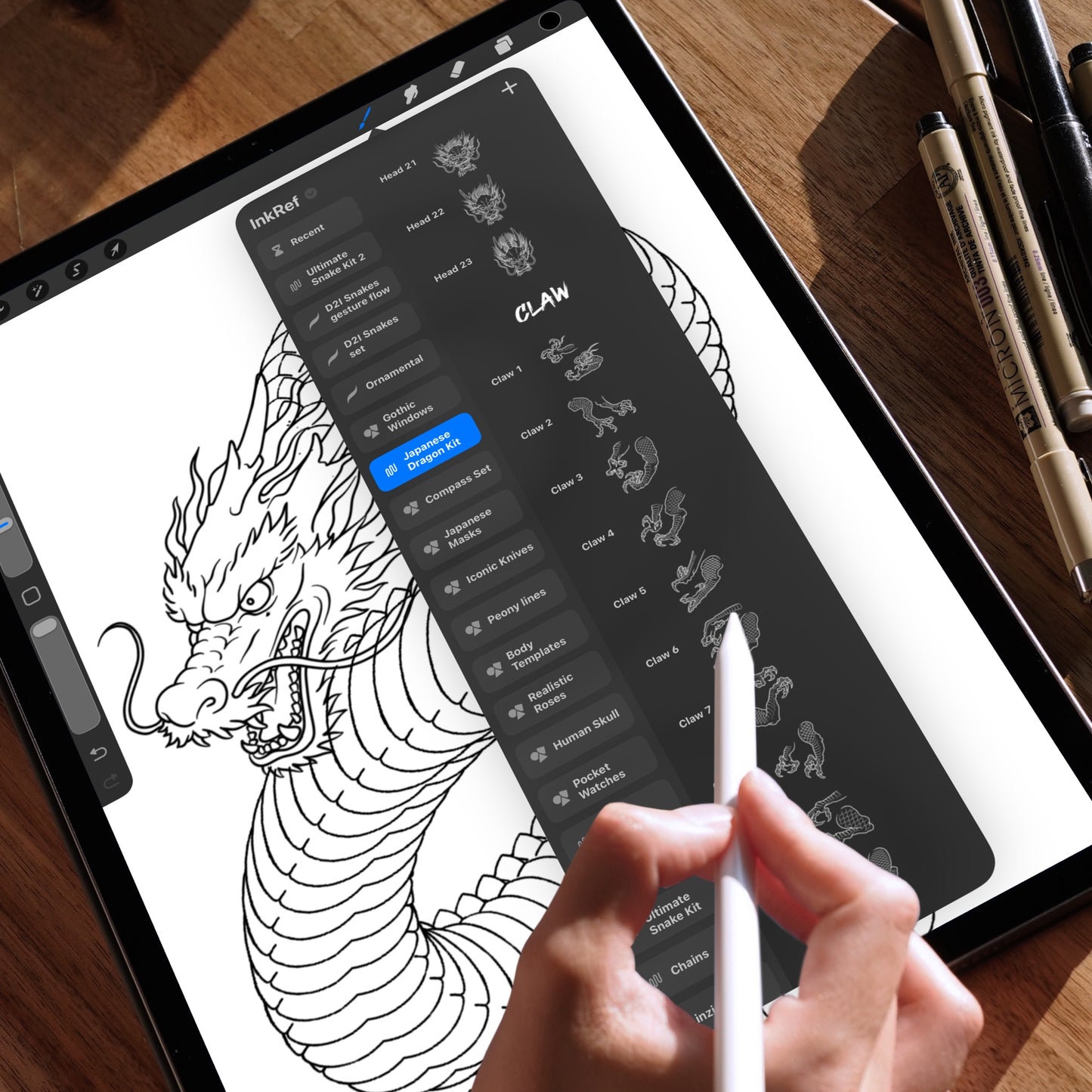 Procreate Dragon Brushset, realistic Japanese dragon design on iPad screen, tattoo drawing in progress, ideal tool for digital tattoo artists and illustrators