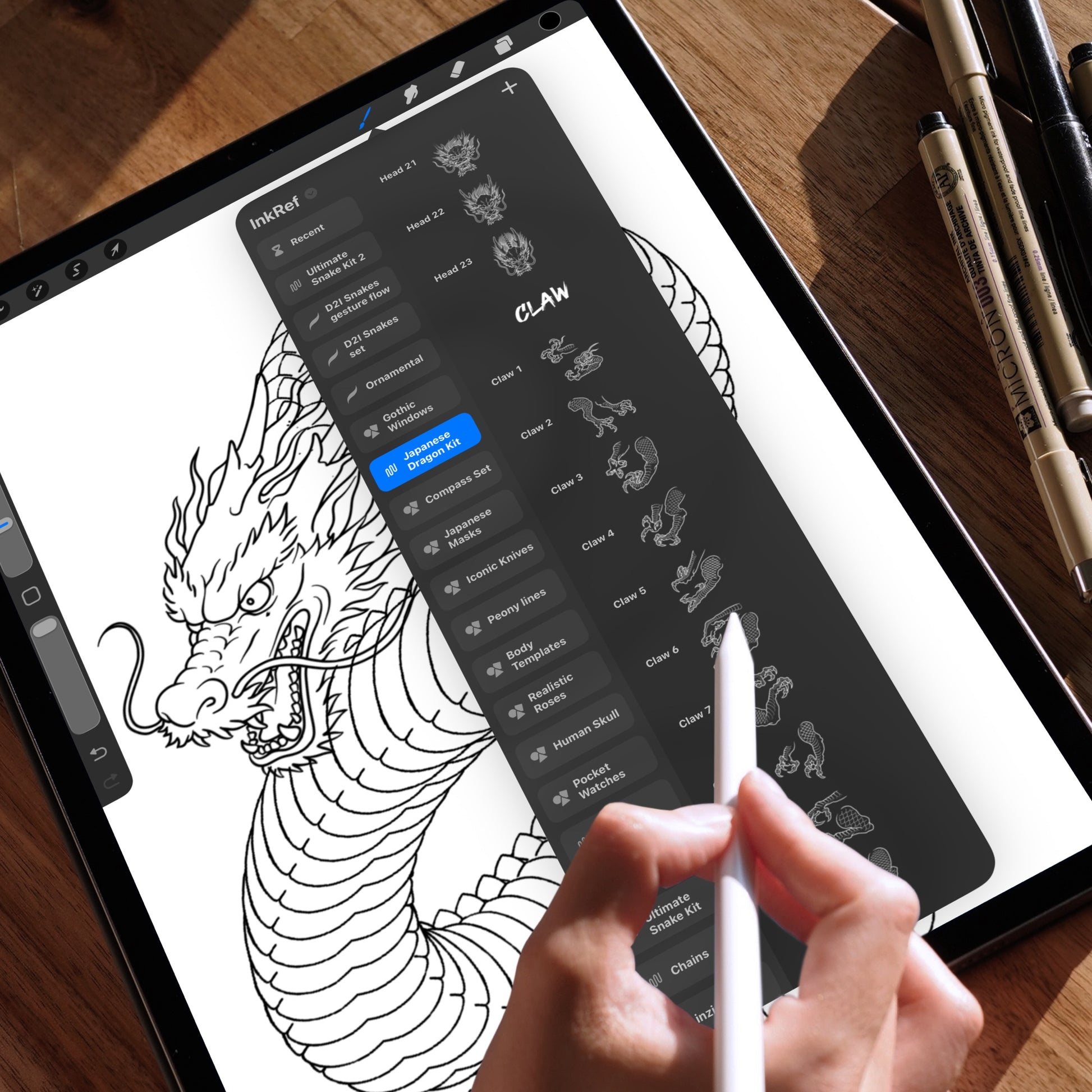 Procreate Dragon Brushset, realistic Japanese dragon design on iPad screen, tattoo drawing in progress, ideal tool for digital tattoo artists and illustrators