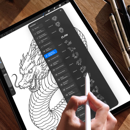 Procreate Dragon Brushset, realistic Japanese dragon design on iPad screen, tattoo drawing in progress, ideal tool for digital tattoo artists and illustrators