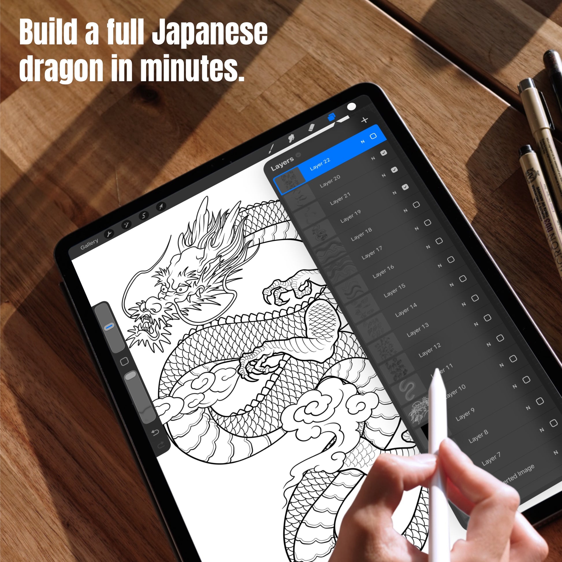 Complete Japanese dragon tattoo composition built with Procreate stamp brushes