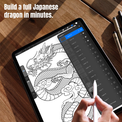 Complete Japanese dragon tattoo composition built with Procreate stamp brushes