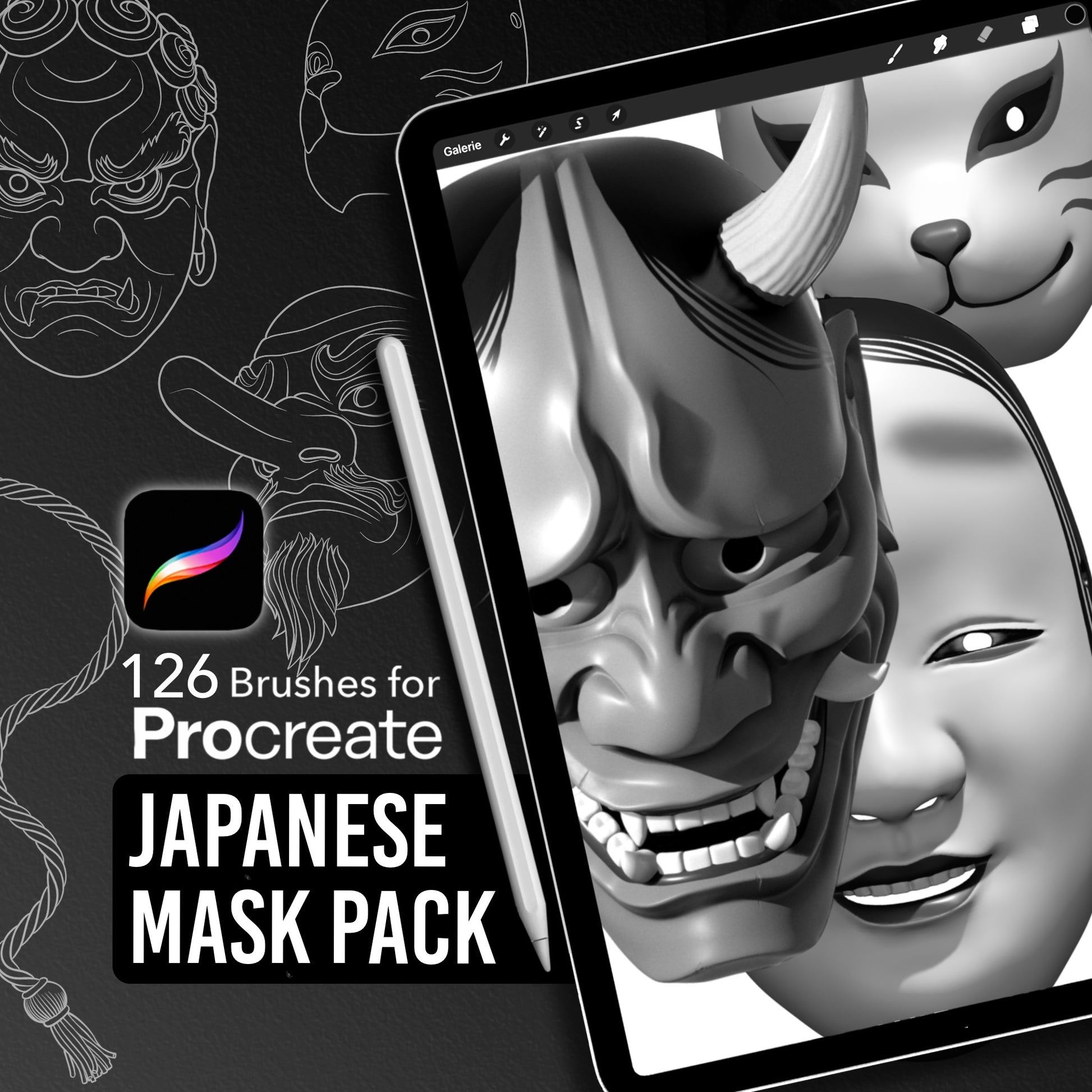 Thumbnail image for a Japanese Mask Procreate Brush Set, featuring realistic 3D illustrations of Hannya, Tengu, Kitsune, Fudo Myoo and Noh masks. Perfect for tattoo artists and illustrators.