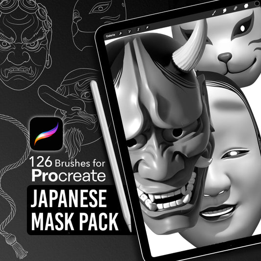 Thumbnail image for a Japanese Mask Procreate Brush Set, featuring realistic 3D illustrations of Hannya, Tengu, Kitsune, Fudo Myoo and Noh masks. Perfect for tattoo artists and illustrators.