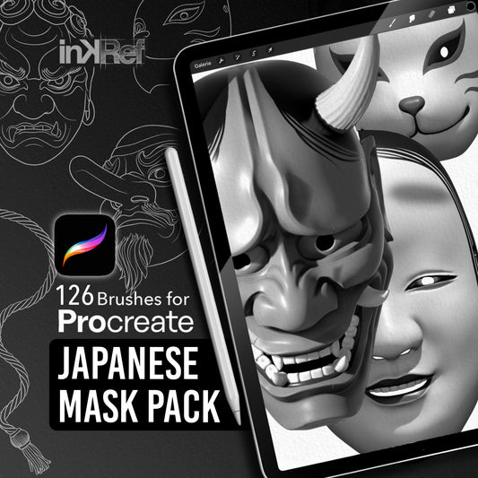 Japanese Mask Pack Procreate brush set with Hannya, Noh, Kitsune and Tengu masks for tattoo design