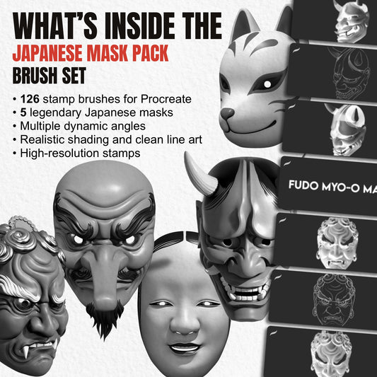 Overview of 126 Japanese mask Procreate stamp brushes with five masks, multiple angles, realistic and line art styles