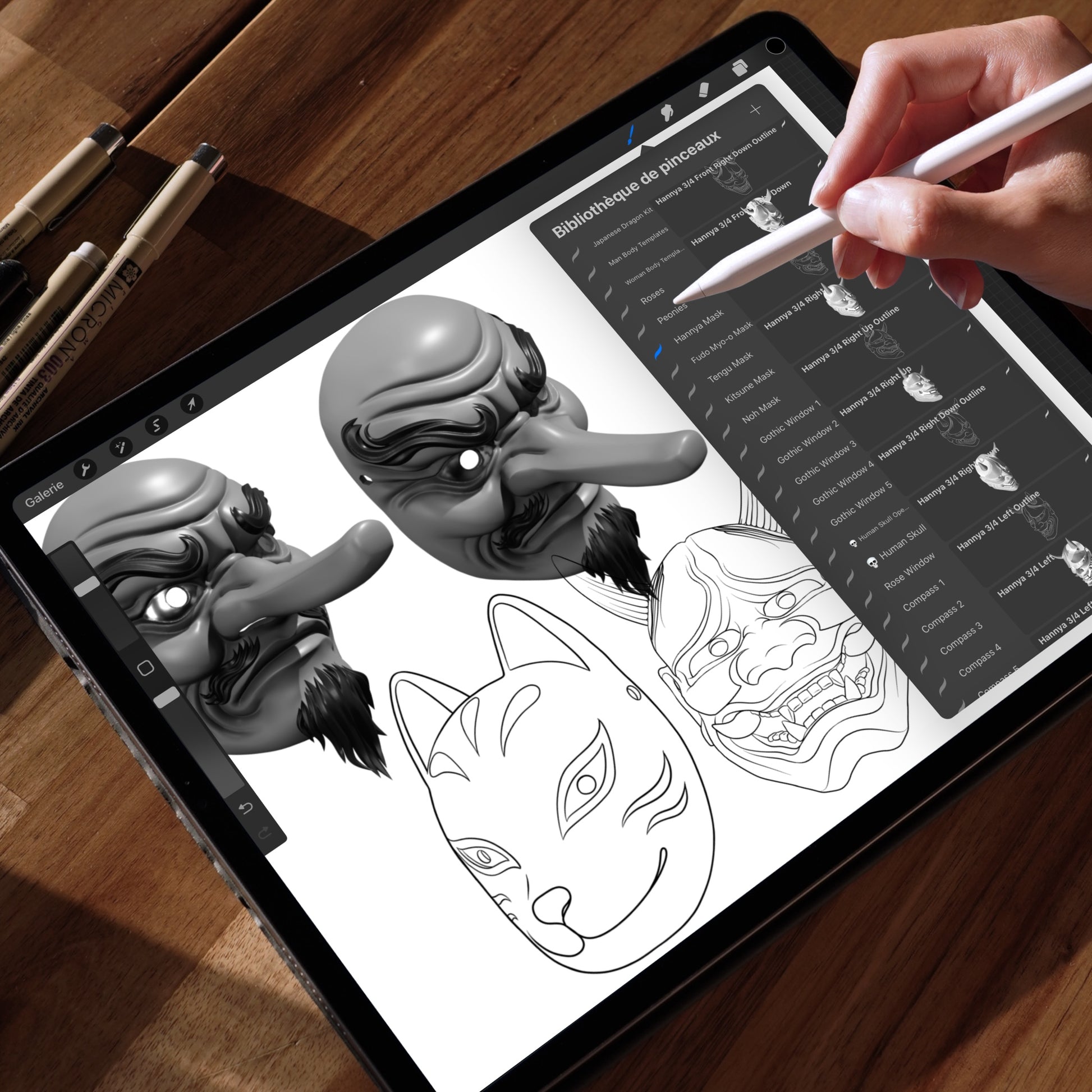 Demonstration of the Japanese Mask Pack on iPad with Procreate – realistic and line art Japanese mask brushes shown in the brush library and applied to a composition.