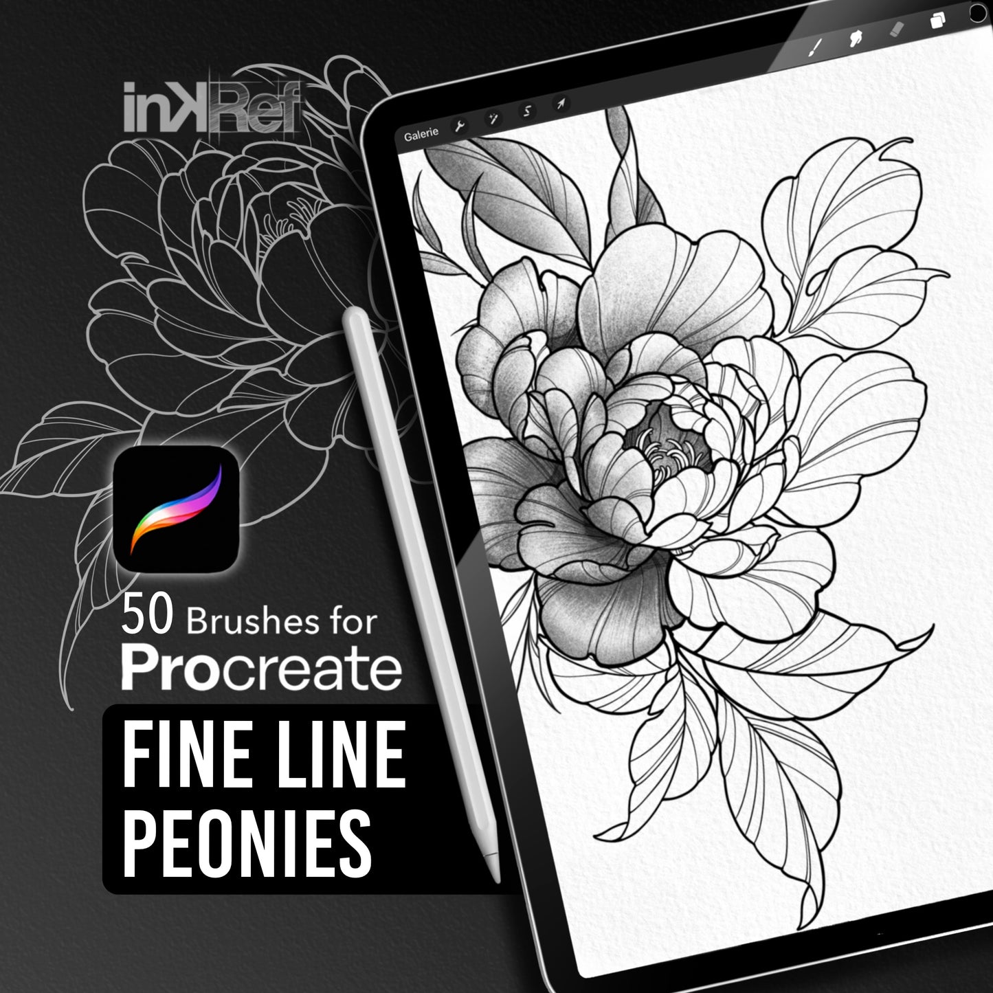 Fine Line Peonies Procreate stamp brush set with 50 floral tattoo brushes