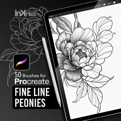 Fine Line Peonies Procreate stamp brush set with 50 floral tattoo brushes