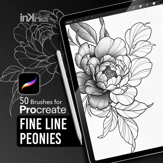Fine Line Peonies Procreate stamp brush set with 50 floral tattoo brushes