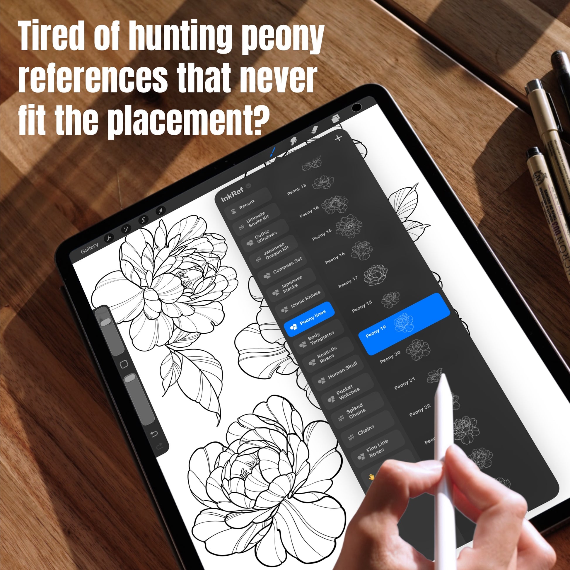 Fine line peony tattoo references displayed in the Procreate brush library on iPad