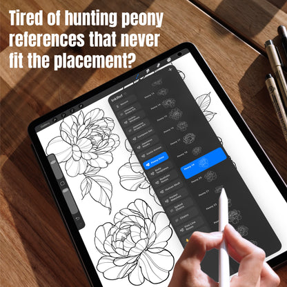Fine line peony tattoo references displayed in the Procreate brush library on iPad
