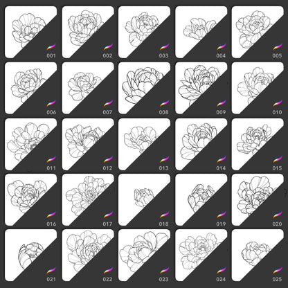 25 fine line peony flower Procreate stamp brushes for tattoo stencils