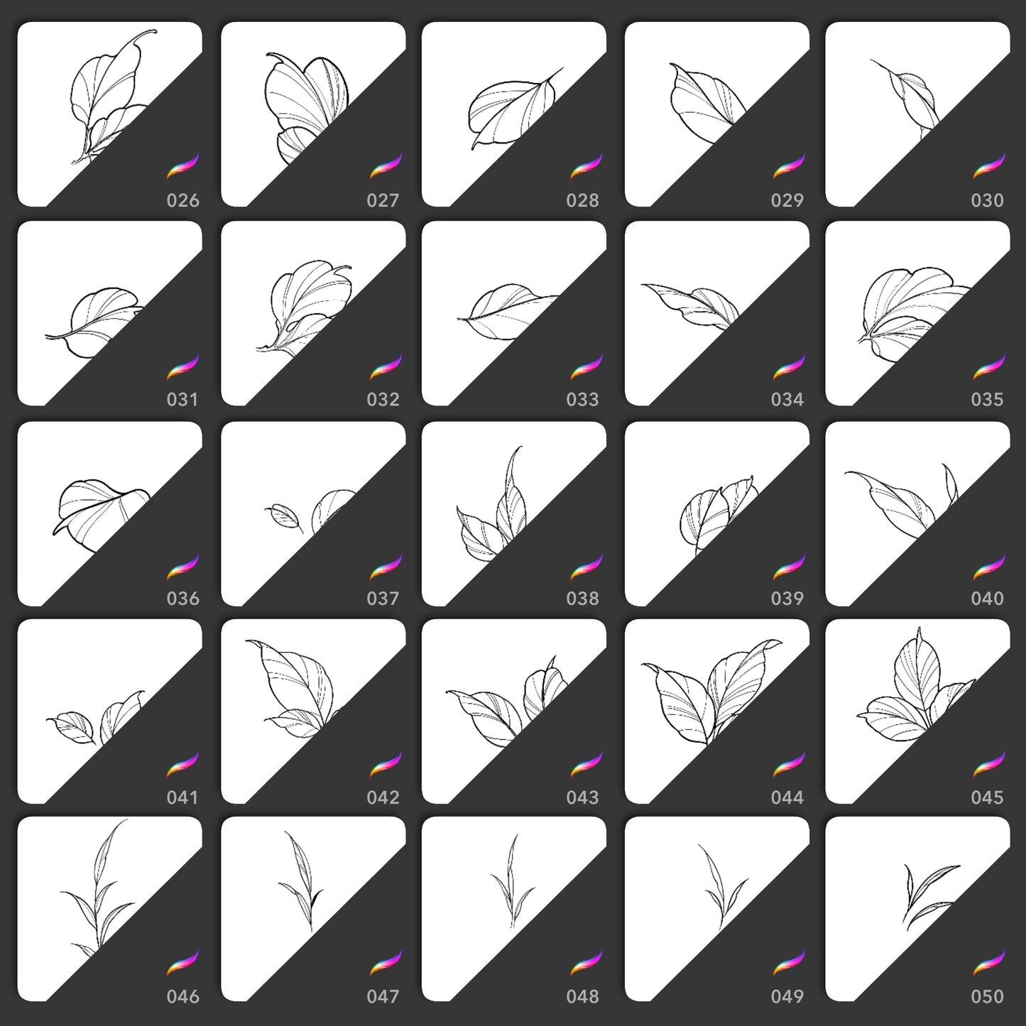 25 fine line leaf Procreate stamp brushes for floral tattoo compositions
