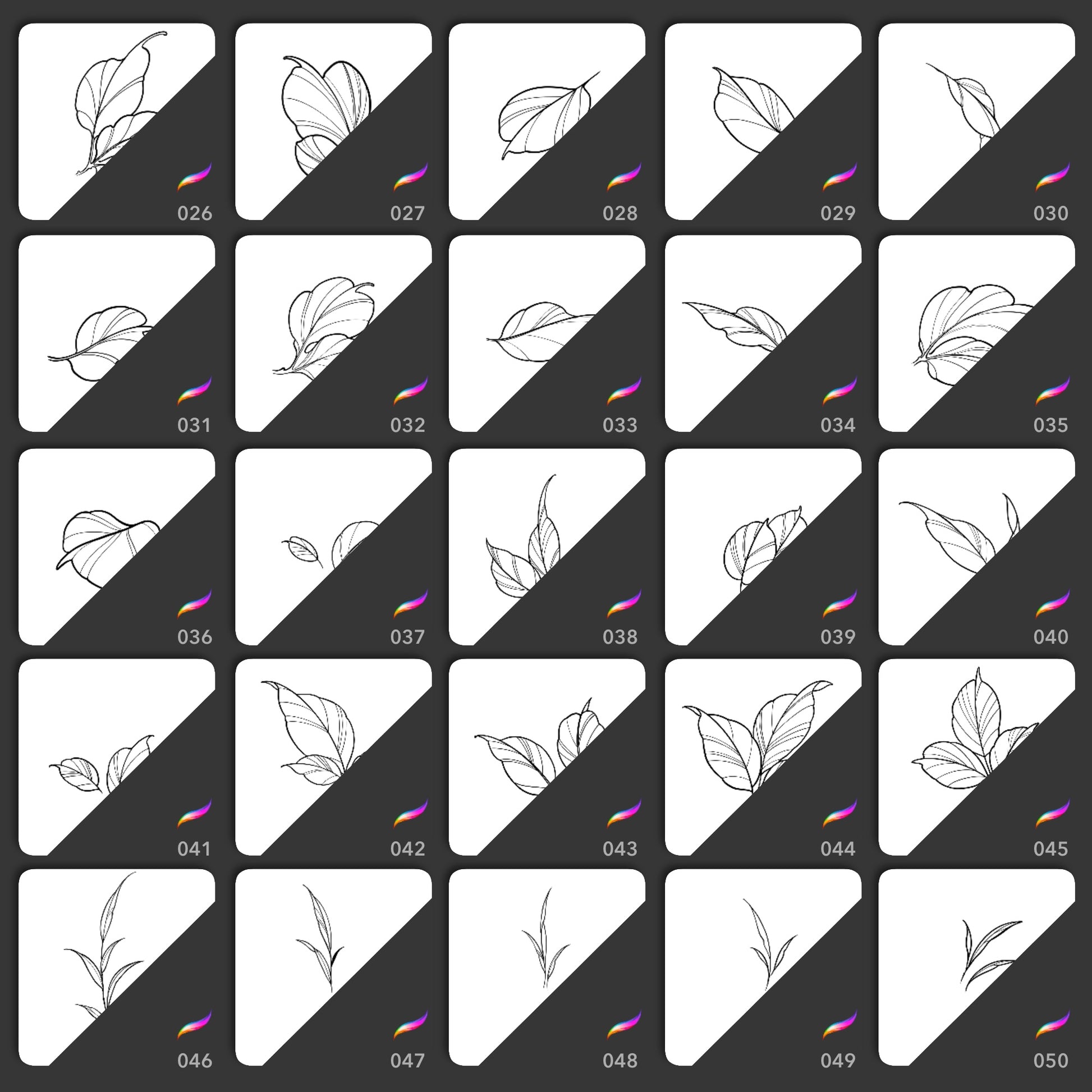 25 fine line leaf Procreate stamp brushes for floral tattoo compositions