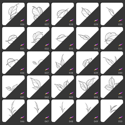 25 fine line leaf Procreate stamp brushes for floral tattoo compositions