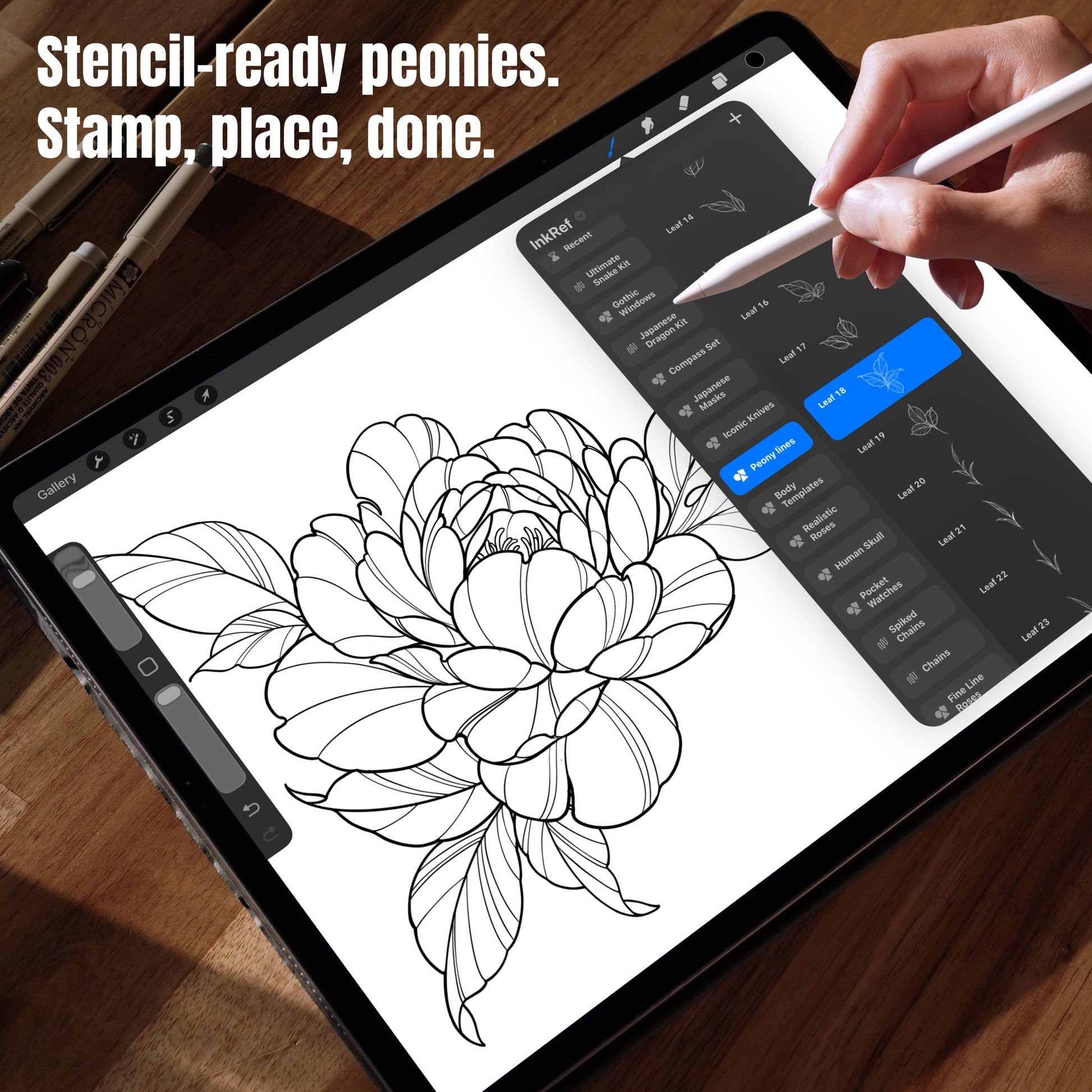 Stencil-ready peony line art created with Procreate stamp brushes on iPad