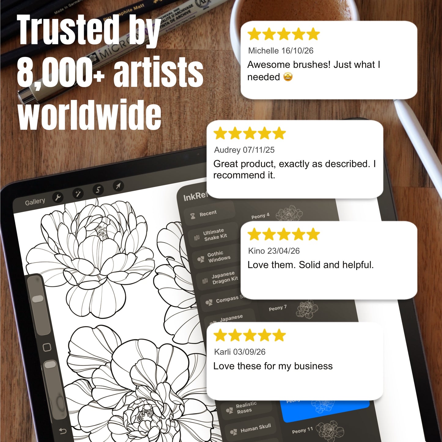 Customer reviews beside fine line peony tattoo designs made in Procreate