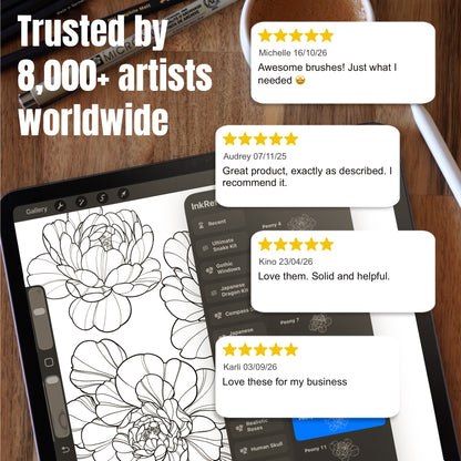 Customer reviews beside fine line peony tattoo designs made in Procreate