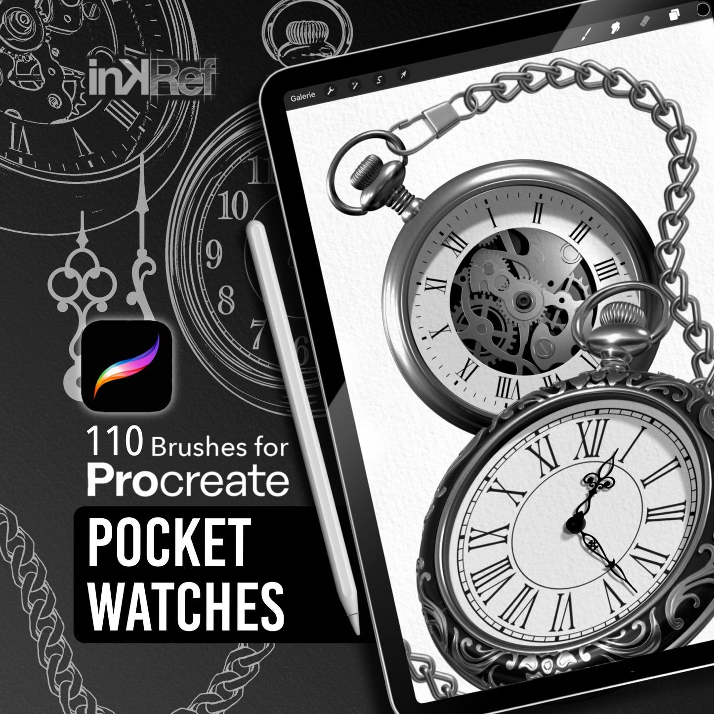 Pocket Watches Procreate brush set with realistic and line art vintage watches for tattoo design