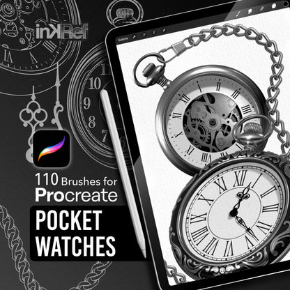 Pocket Watches Procreate brush set with realistic and line art vintage watches for tattoo design